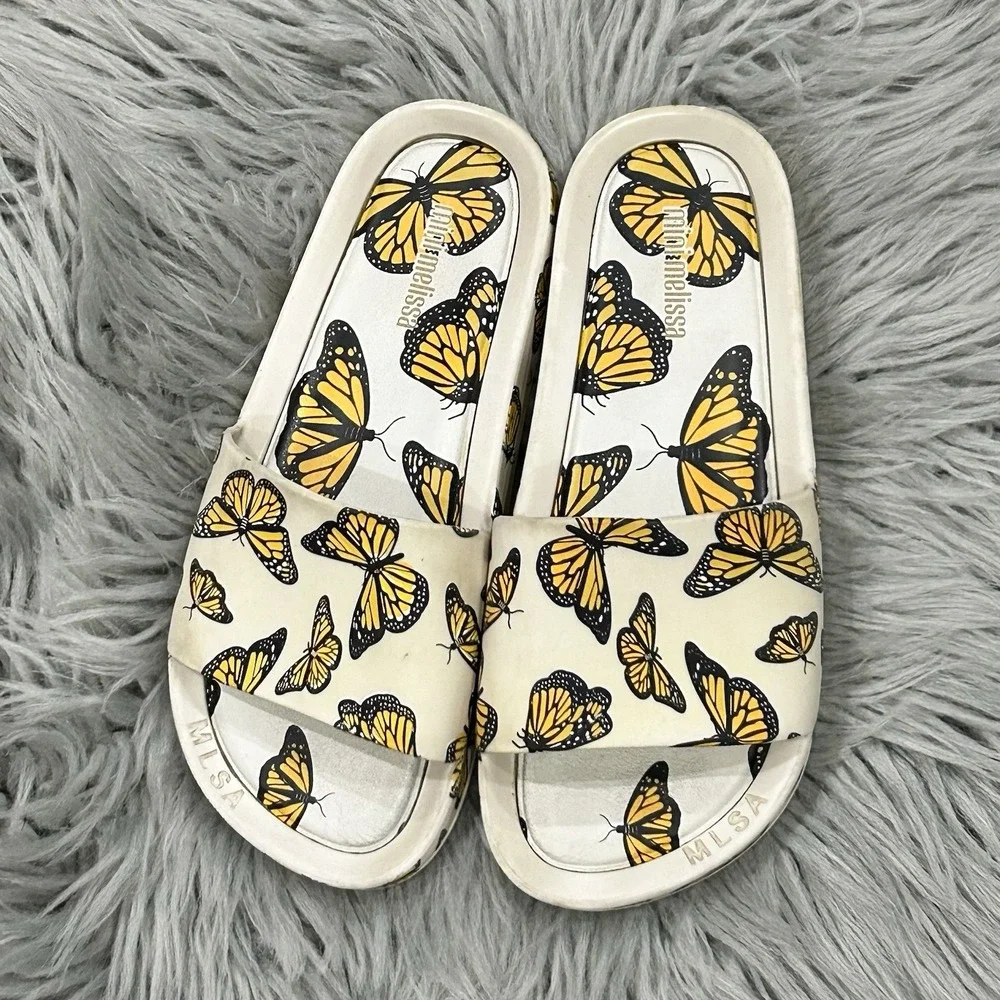 Mini‎ Melissa Girls Youth Size 2 Butterfly Slides Sandals Rubber